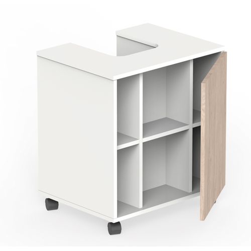 Meuble Sous Lavabo 1 Porte Coloris Blanc Brillant / Effet Bois - H. 64 X L. 59 X P. 45 Cm