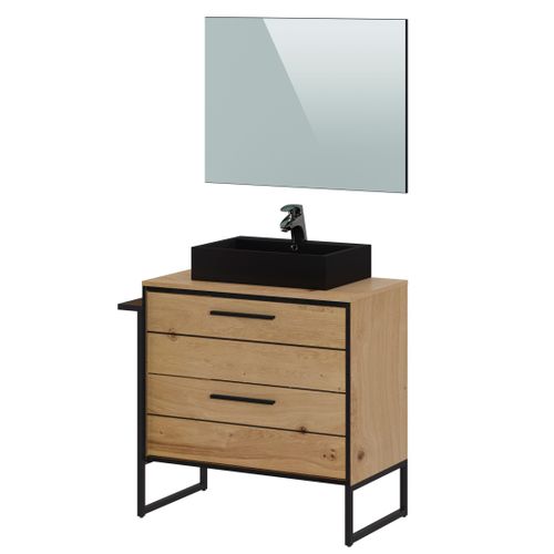 Meuble De Salle De Bain En Mélamine Coloris Chêne Clair - L. 80 X P. 45 X H. 81 Cm