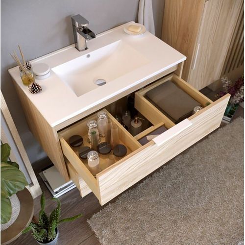 Meuble De Salle De Bain En Mélamine Coloris Naturel - Longueur 81 X Profondeur 47 X Hauteur 49 Cm