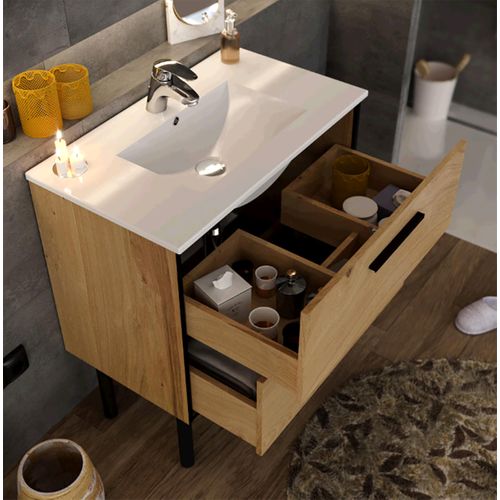 Meuble De Salle De Bain En Placage Chêne Coloris Naturel / Noir - L. 81 X P. 47 X H. 87 Cm