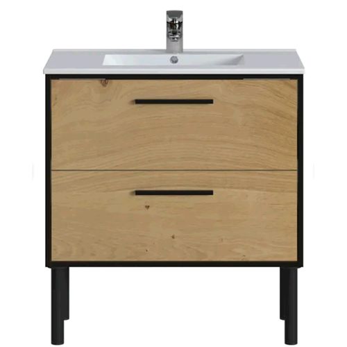 Meuble De Salle De Bain En Placage Chêne Coloris Naturel / Noir - L. 81 X P. 47 X H. 87 Cm