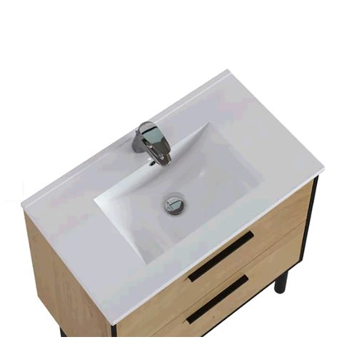 Meuble De Salle De Bain En Placage Chêne Coloris Naturel / Noir - L. 81 X P. 47 X H. 87 Cm