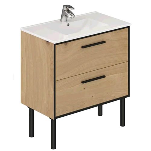 Meuble De Salle De Bain En Placage Chêne Coloris Naturel / Noir - L. 81 X P. 47 X H. 87 Cm