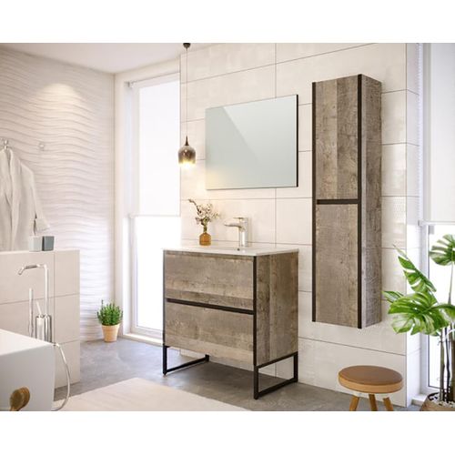 Meuble De Salle De Bain 2 Portes En Mélamine Coloris Noyer - L. 81 X P. 47 X H. 87 Cm