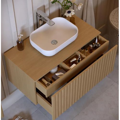 Meuble De Salle De Bain En Placage Chêne Coloris Naturel - L. 90 X P. 46 X H. 55.6 Cm