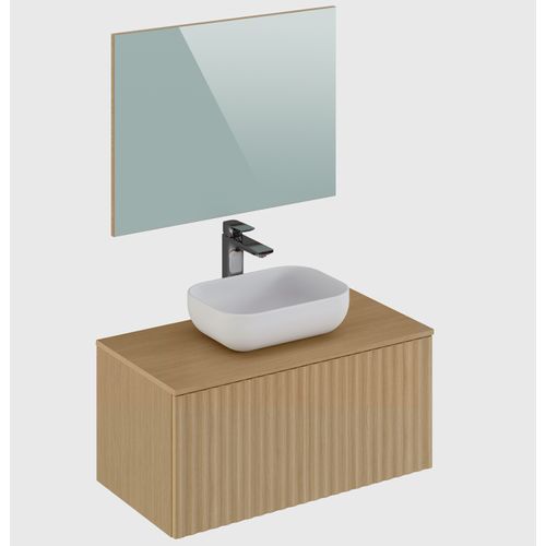 Meuble De Salle De Bain En Placage Chêne Coloris Naturel - L. 90 X P. 46 X H. 55.6 Cm