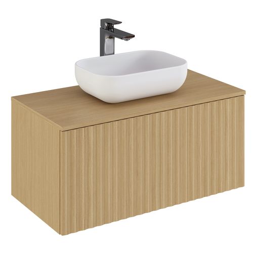 Meuble De Salle De Bain En Placage Chêne Coloris Naturel - L. 90 X P. 46 X H. 55.6 Cm