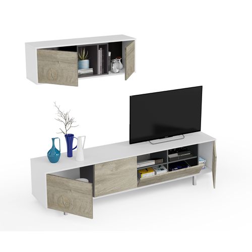 Ensemble Meuble TV De 2 Éléments Coloris Chêne à Nœuds Blanc Artik - H. 47 X L. 200 X P. 40 Cm
