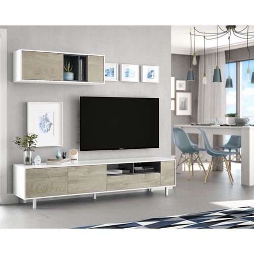 Ensemble Meuble TV De 2 Éléments Coloris Chêne à Nœuds Blanc Artik - H. 47 X L. 200 X P. 40 Cm