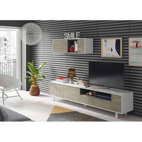 Ensemble Meuble TV De 2 Éléments Coloris Chêne à Nœuds Blanc Artik - H. 47 X L. 200 X P. 40 Cm