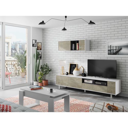 Ensemble Meuble TV De 2 Éléments Coloris Chêne à Nœuds Blanc Artik - H. 47 X L. 200 X P. 40 Cm