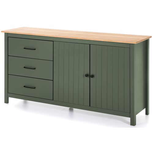 Buffet En Pin Massif Décor Ciré Chêne Et Vert, Meuble De Rangement - L. 150 X P. 40 X H. 80 Cm