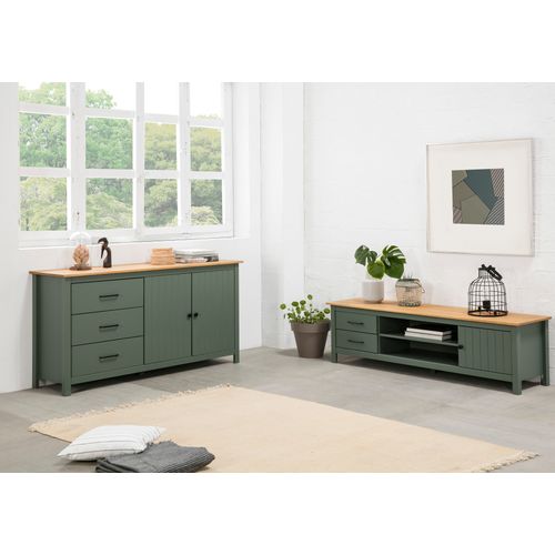 Buffet En Pin Massif Décor Ciré Chêne Et Vert, Meuble De Rangement - L. 150 X P. 40 X H. 80 Cm