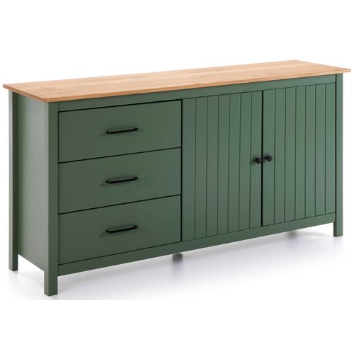 Buffet En Pin Massif Décor Ciré Chêne Et Vert, Meuble De Rangement - L. 150 X P. 40 X H. 80 Cm