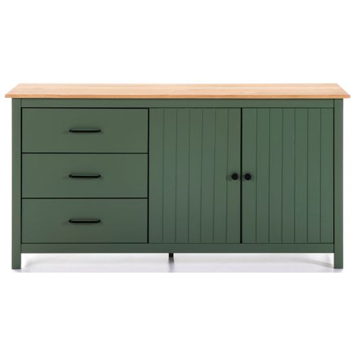 Buffet En Pin Massif Décor Ciré Chêne Et Vert, Meuble De Rangement - L. 150 X P. 40 X H. 80 Cm