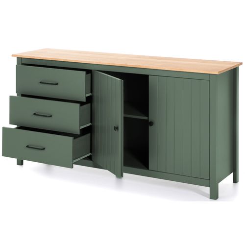 Buffet En Pin Massif Décor Ciré Chêne Et Vert, Meuble De Rangement - L. 150 X P. 40 X H. 80 Cm