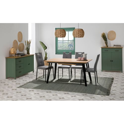 Buffet En Pin Massif Décor Ciré Chêne Et Vert, Meuble De Rangement - L. 150 X P. 40 X H. 80 Cm