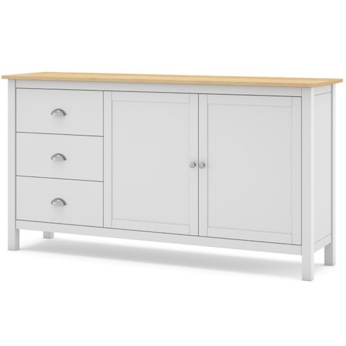 Buffet En Pin Massif Chêne Et Blanc, Meuble De Rangement - L. 150 X P. 40 X H. 80.5 Cm