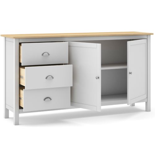 Buffet En Pin Massif Chêne Et Blanc, Meuble De Rangement - L. 150 X P. 40 X H. 80.5 Cm