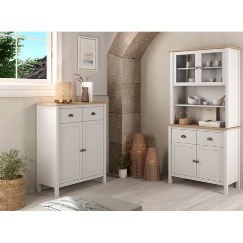 Meuble De Rangement En Pin Massif Chêne Et Blanc - L. 90 X P. 40 X H. 110 Cm