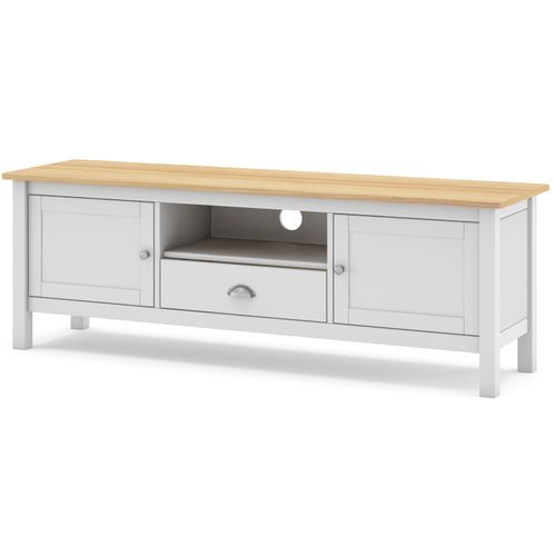 Meuble TV En Pin Massif Chêne Et Blanc, Meuble De Rangement - L. 158 X P. 40 X H. 53 Cm