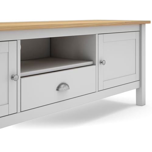 Meuble TV En Pin Massif Chêne Et Blanc, Meuble De Rangement - L. 158 X P. 40 X H. 53 Cm