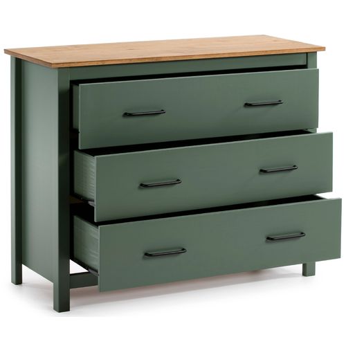 Commode En Pin Massif Décor Ciré Vert Et Chêne, Meuble De Rangement - L. 100 X P. 40 X H. 80 Cm