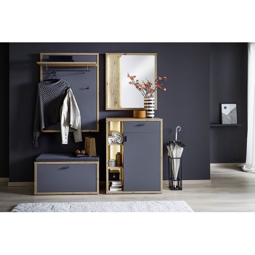 Ensemble D'entrée En Bois, Banc De Vestiaire + Panneau Mural + Commode + Miroir