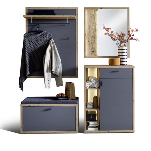 Ensemble D'entrée En Bois, Banc De Vestiaire + Panneau Mural + Commode + Miroir