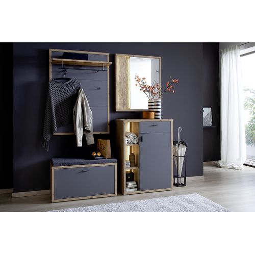 Ensemble D'entrée En Bois, Banc De Vestiaire + Panneau Mural + Commode + Miroir