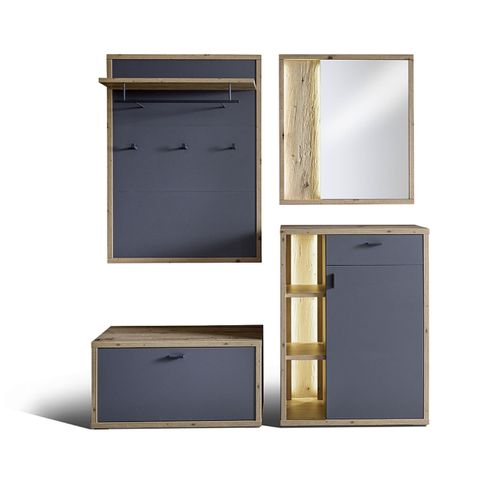 Ensemble D'entrée En Bois, Banc De Vestiaire + Panneau Mural + Commode + Miroir