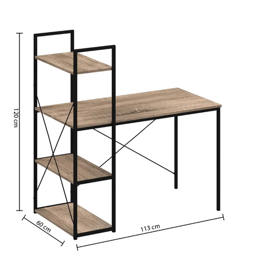 Bureau Avec Étagères En Mdf Chêne Et Métal Noir - Longueur 113 x Profondeur 60 x Hauteur 120 cm
