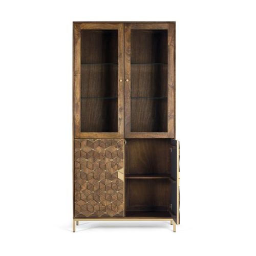 Vitrine En Bois De Manguier Et Métal Coloris Noyer, Or - L.  98 X P. 40  X H. 200 Cm