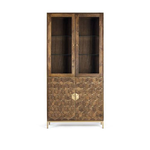 Vitrine En Bois De Manguier Et Métal Coloris Noyer, Or - L.  98 X P. 40  X H. 200 Cm