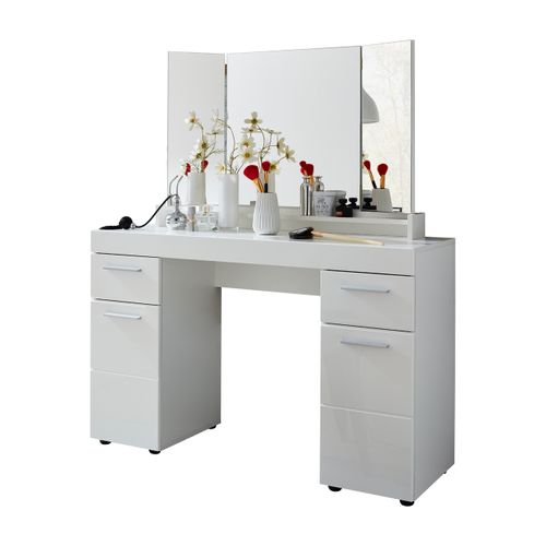Coiffeuse, Meuble De Bureau Avec Miroir Coloris Blanc Mat, Blanc Brillant