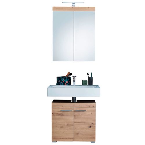 Ensemble De Salle De Bain  Coloris Chêne à Noeuds Et Blanc Brillant