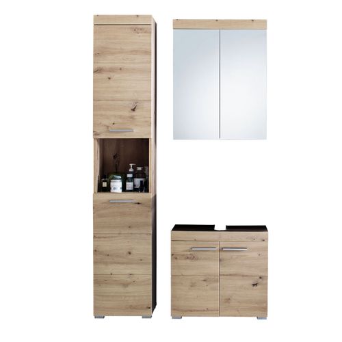 Ensemble De Salle De Bain  Coloris Chêne à Noeuds Et Blanc Brillant