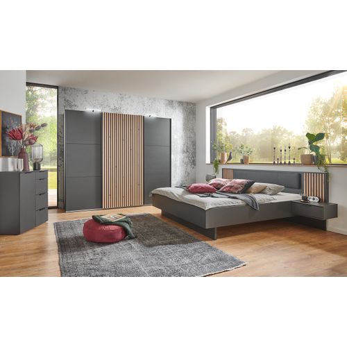 Lit Adulte + 2 Tables De Chevets King Size Coloris Graphite, Imitation Chêne Artisan