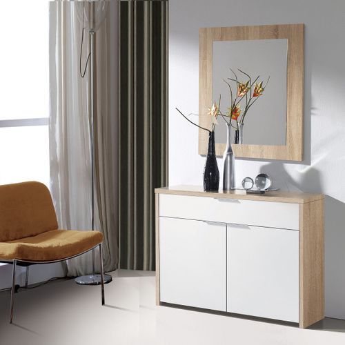 Table Console, Meuble Console Avec 2 Portes Et 1 Tiroir Coloris Chêne Cambrian, Blanc