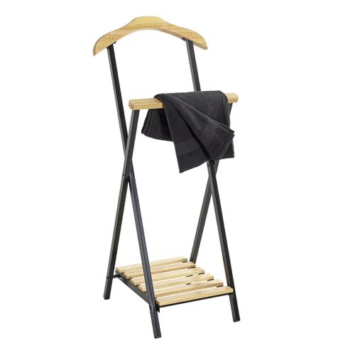 Valet De Nuit , Valet De Chambre En Bois Massif Coloris Naturel Et Métal Noir