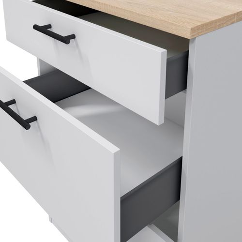 Meuble Bas De Cuisine De 3 Tiroirs Avec Plan De Travail Coloris Blanc Brillant /chêne Canadien
