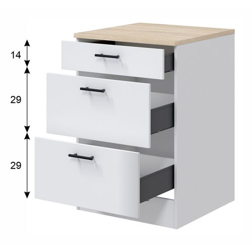 Meuble Bas De Cuisine De 3 Tiroirs Avec Plan De Travail Coloris Blanc Brillant /chêne Canadien