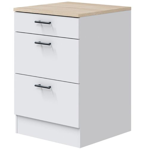 Meuble Bas De Cuisine De 3 Tiroirs Avec Plan De Travail Coloris Blanc Brillant /chêne Canadien