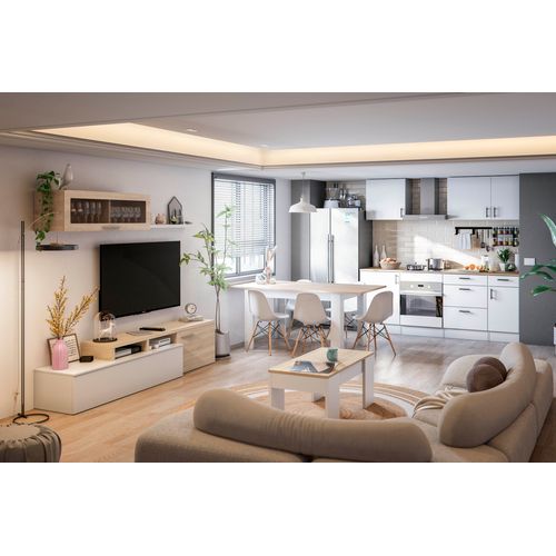 Meuble Bas De Cuisine De 3 Tiroirs Avec Plan De Travail Coloris Blanc Brillant /chêne Canadien