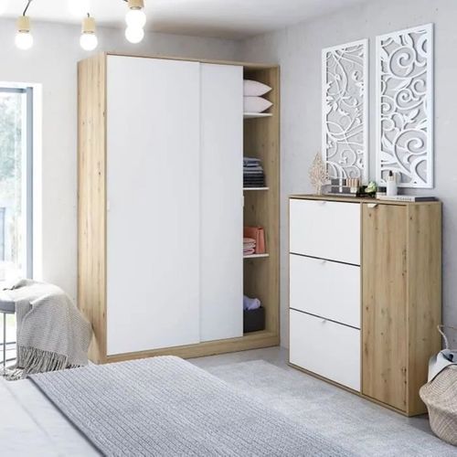 Armoire, Placard Avec 2 Portes Coulissantes Coloris Chêne Nordique, Blanc Artic