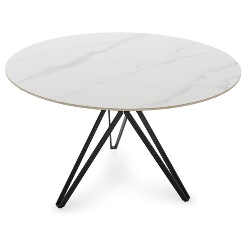 Table à Manger, Table De Repas Ronde En Pierre Frittée Effet Marbre Blanc, Pieds En Métal Noir