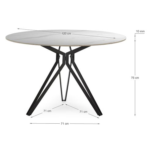 Table à Manger, Table De Repas Ronde En Pierre Frittée Effet Marbre Blanc, Pieds En Métal Noir
