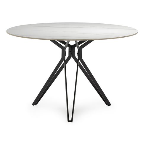 Table à Manger, Table De Repas Ronde En Pierre Frittée Effet Marbre Blanc, Pieds En Métal Noir