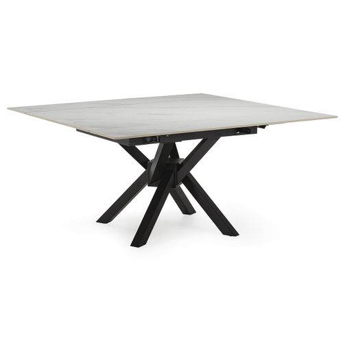 Table à Manger, Table De Repas Extensible Carrée En Pierre Frittée Coloris Blanc, Pieds En Métal