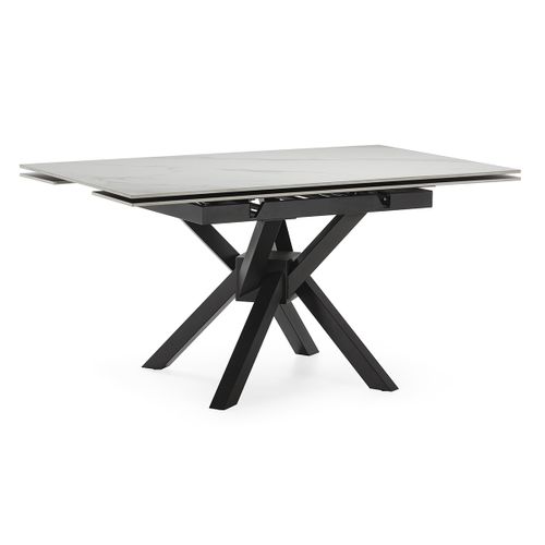 Table à Manger, Table De Repas Extensible Carrée En Pierre Frittée Coloris Blanc, Pieds En Métal